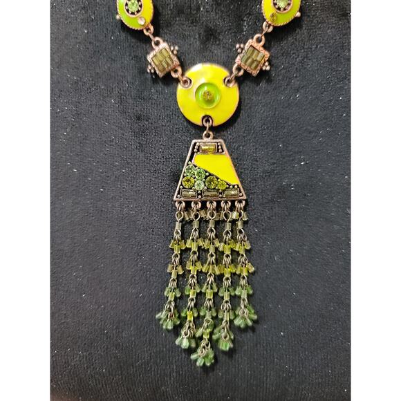 Vintage Green Rhinestone Fringe Necklace Copper Tone Boho Statement Jewelry - Picture 3 of 7